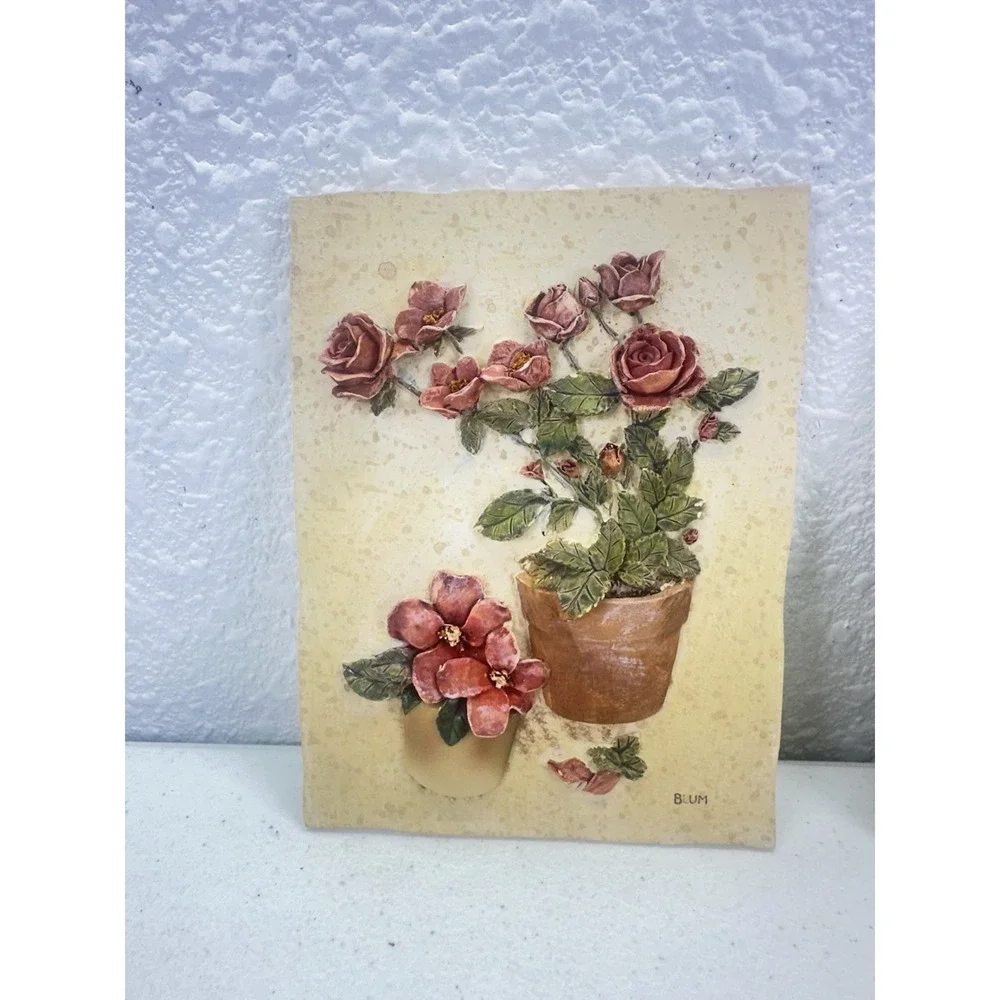 Blum 3D Resin Wall Plaques Roses In Painted Vases Signed 6.25